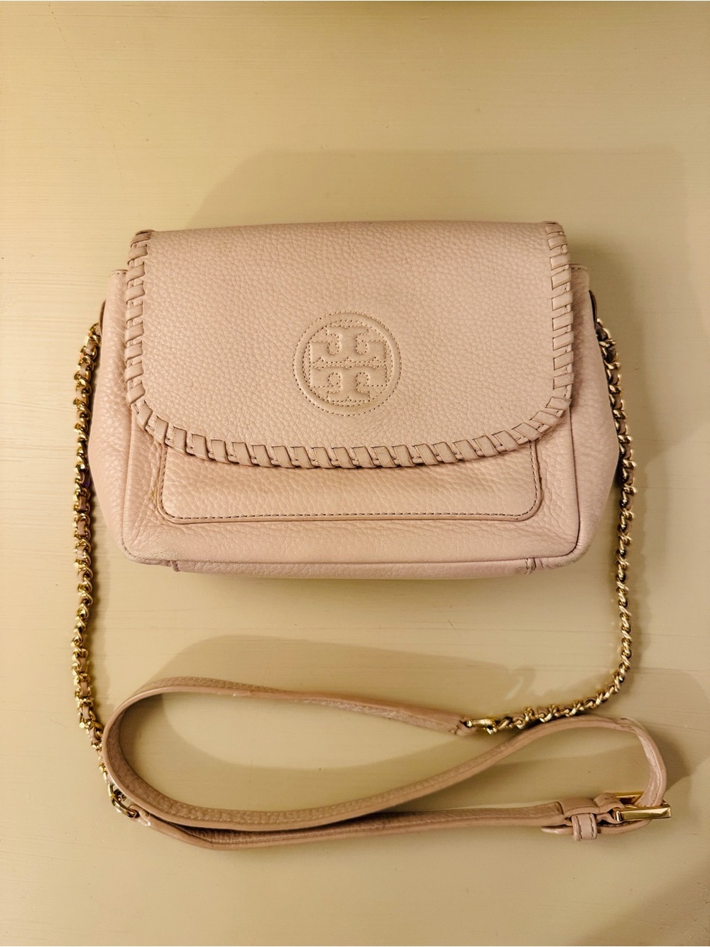 Tory Burch Blush Pink Leather Whipstitch Chain Crossbody
